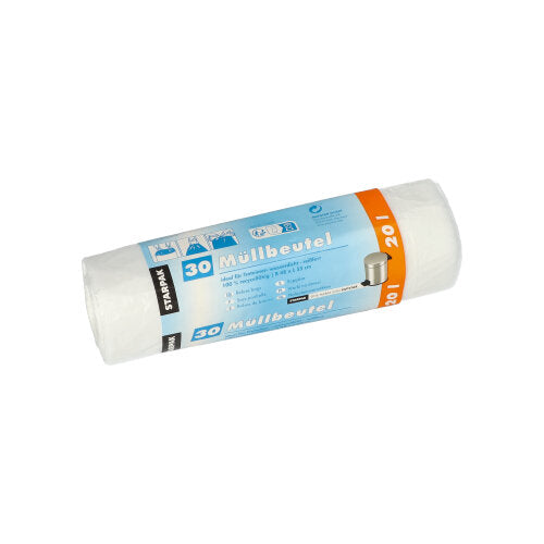 Eine Packung mit 150 transparenten Starpak Müllbeuteln mit Zugband (HDPE, 20 l, 55 cm x 48 cm) wird in einer Schrumpffolienverpackung geliefert; das Etikett zeigt Produktinformationen in deutscher Sprache und Mülltonnenbilder.