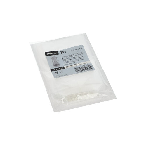 Eine durchsichtige Plastikpackung mit 10 transparenten Starpak-Bodenbeuteln (PP), jeweils 14 x 10 x 4,4 cm, abgebildet auf einer weißen Oberfläche – ideale transparente Verpackung für Lebensmittel.