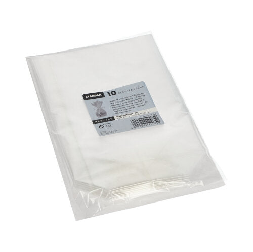 Eine Packung mit zehn Starpak 10 Bodenbeuteln, PP transparent von Starpak ist ordentlich in einer durchsichtigen Verpackung gestapelt, die die Beutel zeigt und Produktinformationen und Abmessungen enthält.