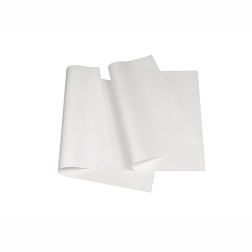 Two sheets of PAPSTAR parchment substitute "pure" white, greaseproof and biodegradable from PAPSTAR GmbH, partially overlap and slightly arch on a white surface.