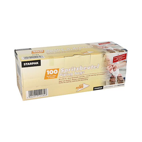 Eine rechteckige Schachtel mit 100 transparenten Spritzbeuteln von Starpak ist vor einem weißen Hintergrund zu sehen. Auf der Verpackung ist eine Hand zu sehen, die Sahne auf Gebäck spritzt.