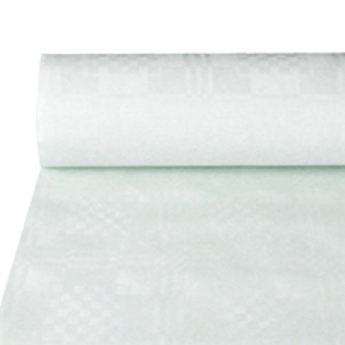 Das PAPSTAR Papiertischtuch mit Damastprägung (50 m x 1 m, PAPSTAR GmbH) wirkt glatt und leicht transparent – ideal für festliche Anlässe.