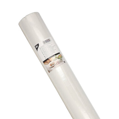 Eine Rolle PAPSTAR Papiertischtuch mit Damastprägung 50 m x 1 m von der PAPSTAR GmbH, umwickelt mit einem Etikett mit Produktdetails, edler Damastprägung und festlichen Essensbildern für besondere Anlässe.