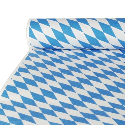 The paper tablecloth with damask embossing (10 m x 1 m) from PAPSTAR GmbH is partially unrolled and shows its festive blue and white diamond pattern – perfect for special occasions.
