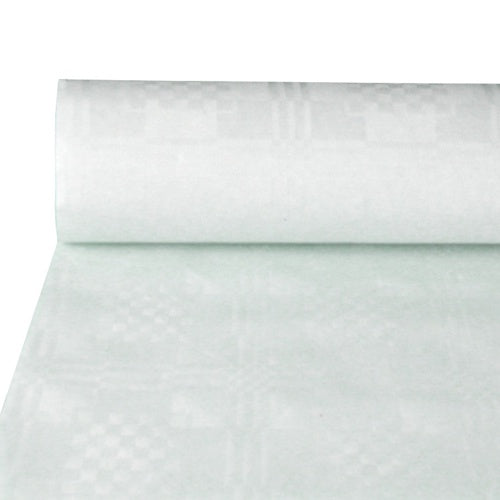 Ein teilweise abgerolltes PAPSTAR Papiertischtuch mit Damastprägung 50 m x 0,8 m weiss (1 Rolle) von der PAPSTAR GmbH mit einem dezenten geometrischen Muster, perfekt für elegante Anlässe.