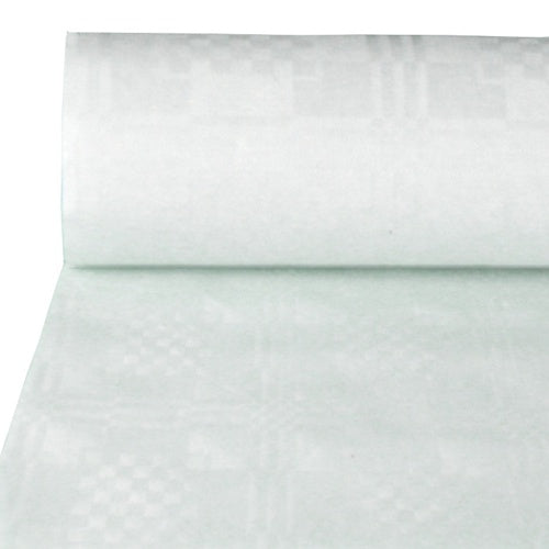 Eine Nahaufnahme des PAPSTAR Papiertischtuchs mit Damastprägung 100 m x 1 m weiss (1 Rolle) von der PAPSTAR GmbH, teilweise ausgerollt, um sein dezentes kariertes und geometrisch geprägtes Muster freizugeben.