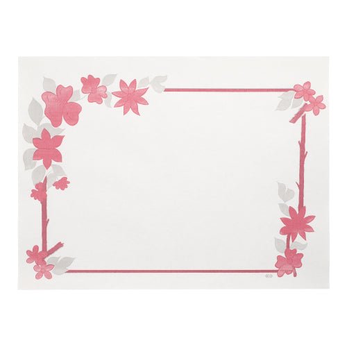 The PAPSTAR 250 placemats (30x40 cm, white) from PAPSTAR GmbH are white rectangular paper placemats with a pink border and floral accents, leaving the center free – ideal as a stylish disposable table protector for any event.