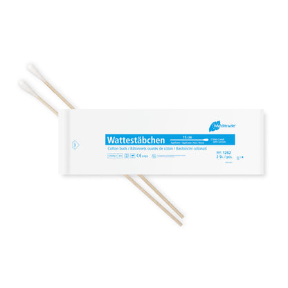 Cotton swabs packed sterile in packs of 2, length: 15 cm, small head, wood | Pack (200 pieces)