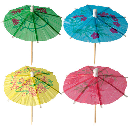 Sechs farbenfrohe PAPSTAR Eisschirmchen Asia Cocktailschirmchen (10 cm) in Grün, Blau, Gelb und Pink mit floralen oder tropischen Motiven, jeweils mit Holzstab – perfekt, um Ihren Drinks asiatisches Flair zu verleihen.