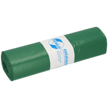 A roll of DEISS 12703 garbage bags (575x1000 mm, type 60, green, 25 pieces) from EMIL DEISS KG (GmbH + Co.) with a white-blue label and neatly folded ends. Ideal for efficient waste management. Solid white background.