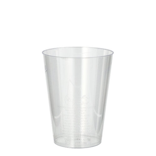 Ein Starpak 10 Trinkbecher aus PS (0,2 l, Ø 7,5 cm, 9,7 cm) steht glasklar und leer vor weißem Hintergrund. Der transparente Becher zeigt feine Oberflächen-Markierungen.