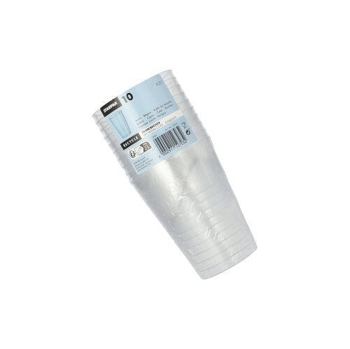 Eine Packung mit 10 Starpak glasklaren Einweg-Trinkbechern aus Kunststoff (PS, 0,2 l, Ø 7,5 cm x 9,7 cm) ist in Schrumpffolie verpackt und mit einem blau-weißen Etikett mit Produktinformationen und einem Barcode versehen.