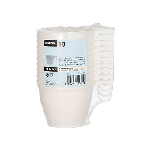 Ein Stapel von zehn weißen Starpak Kaffeetassen (PS, 0,18l, Ø7,8cm, 6cm) ist in Schrumpffolie verpackt und mit einem blauen Etikett versehen, auf dem Produktdetails, Barcode und Recyclingsymbole zu sehen sind – ideal für den praktischen Kaffeegenuss unterwegs.