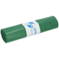 Eine Rolle DEISS 12730 grüner Kunststoff-Müllsäcke (575x1000 mm, 25 Stück) von EMIL DEISS KG (GmbH + Co.), mit einem weiß-blauen Etikett mit Text, Logo und Produktangaben, das in der Mitte umwickelt ist.