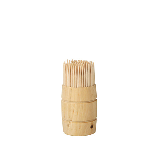 Der PAPSTAR GmbH Spender aus Holz enthält 200 runde, 6,8 cm „reine“ Holz-Zahnstocher und steht vor weißem Hintergrund.