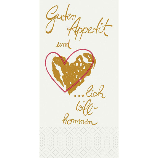 Auf den Zelltuchservietten der Duni GmbH (40x40 cm, 2-lagig, 1/8 Kopffalz) steht "Guten Appetit und ...lich willkommen" in deutscher Handschrift über und unter einem rosa Herz mit Gold, auf hellem Hintergrund mit geometrischem Motiv.
