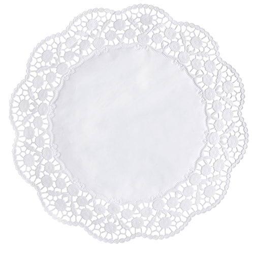 The PAPSTAR GmbH doilies round Ø 36 cm, white (12 pieces, shrink wrap) are characterized by a solid-colored core and a lace-like, floral wave edge - ideal as elegant cake doilies or for cake decoration, here from above on a solid-colored background.