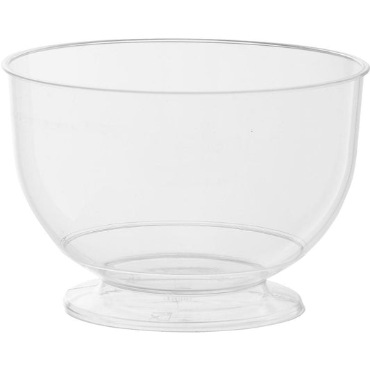 Eine klare, runde Dessertschale Crystallo Transparent PS der Duni GmbH (Packung: 20 Stück) mit breitem Rand und kurzem Boden steht vor einem schlichten weißen Hintergrund.