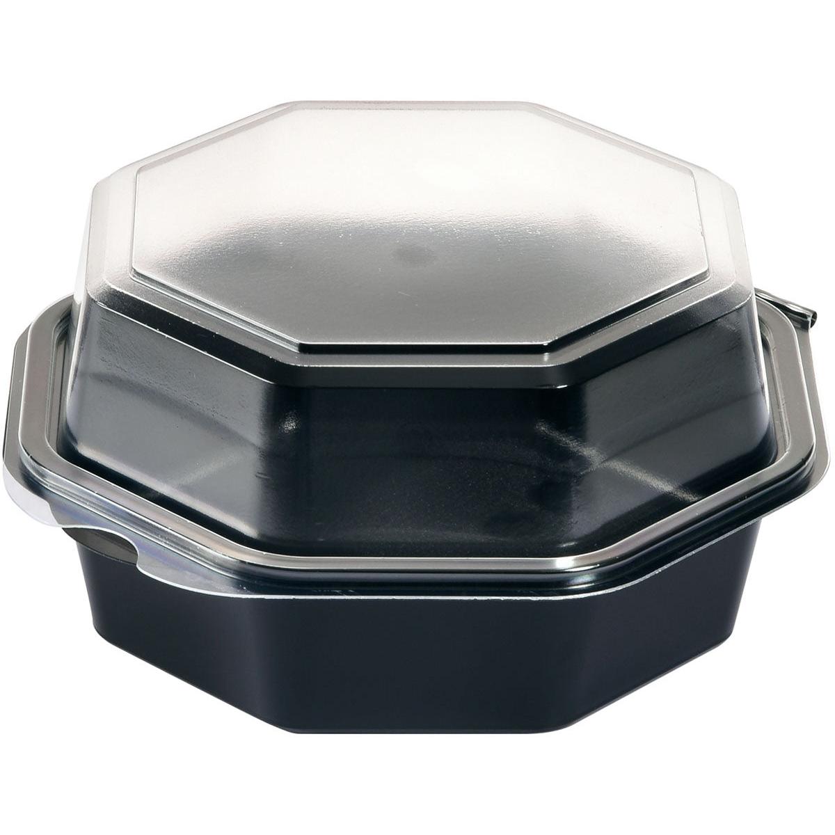 Eine Duni GmbH Octaview® Schwarz/Transparent PS 160x160x80 Takeout-Box (405er Pack), schwarz und achteckig mit klarem Scharnierdeckel, ist von vorne geschlossen auf weißem Hintergrund abgebildet.