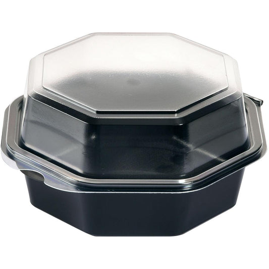 Eine Duni GmbH Octaview® Schwarz/Transparent PS 160x160x80 Takeout-Box (405er Pack), schwarz und achteckig mit klarem Scharnierdeckel, ist von vorne geschlossen auf weißem Hintergrund abgebildet.