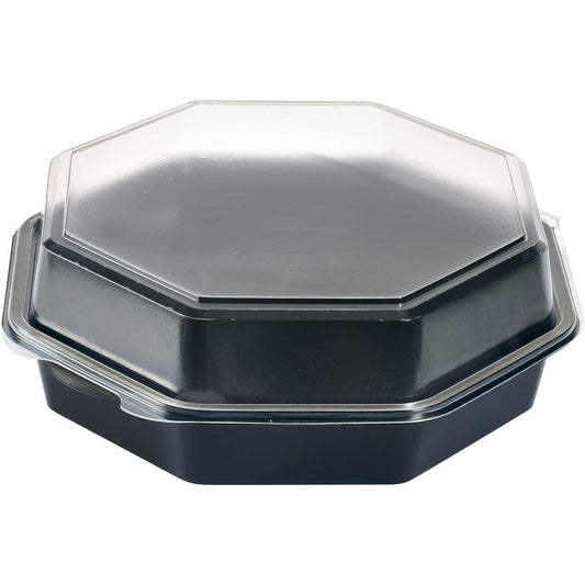 Der Octaview® Schwarz/Transparent PS 230x230x80 Takeout-Behälter der Duni GmbH hat einen achteckigen schwarzen Boden und einen transparenten Deckel, der eine stilvolle Aufbewahrung von Lebensmitteln ermöglicht. Die Packung enthält 180 Stück.