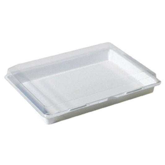 Eine klare rechteckige PS-Lunchbox der Duni GmbH (338x250x63 mm) mit leicht erhöhten Kanten und glatter Oberfläche, abgebildet auf weißem Hintergrund. Erhältlich als Lunchbox Weiß / Transparent in Packungen zu 100 Stück.