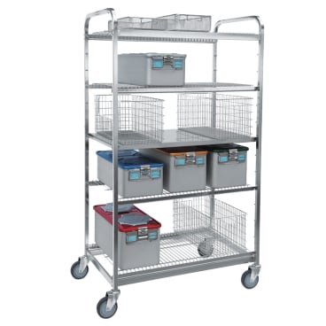 The Novocal sterile goods shelf trolley with stainless steel frame has four wheels, four shelves with plastic containers and wire baskets, handles on both ends, and an open bottom - perfect for flexible use in any medical facility.