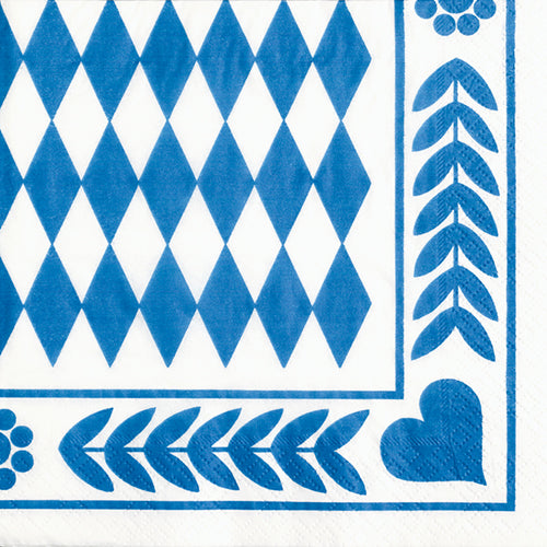 Eine weiße PAPSTAR 20 Serviette, 33x33 cm, 3-lagig von PAPSTAR GmbH mit blauem geometrischen Herzmuster und symmetrischem Rand; Design Set 6.