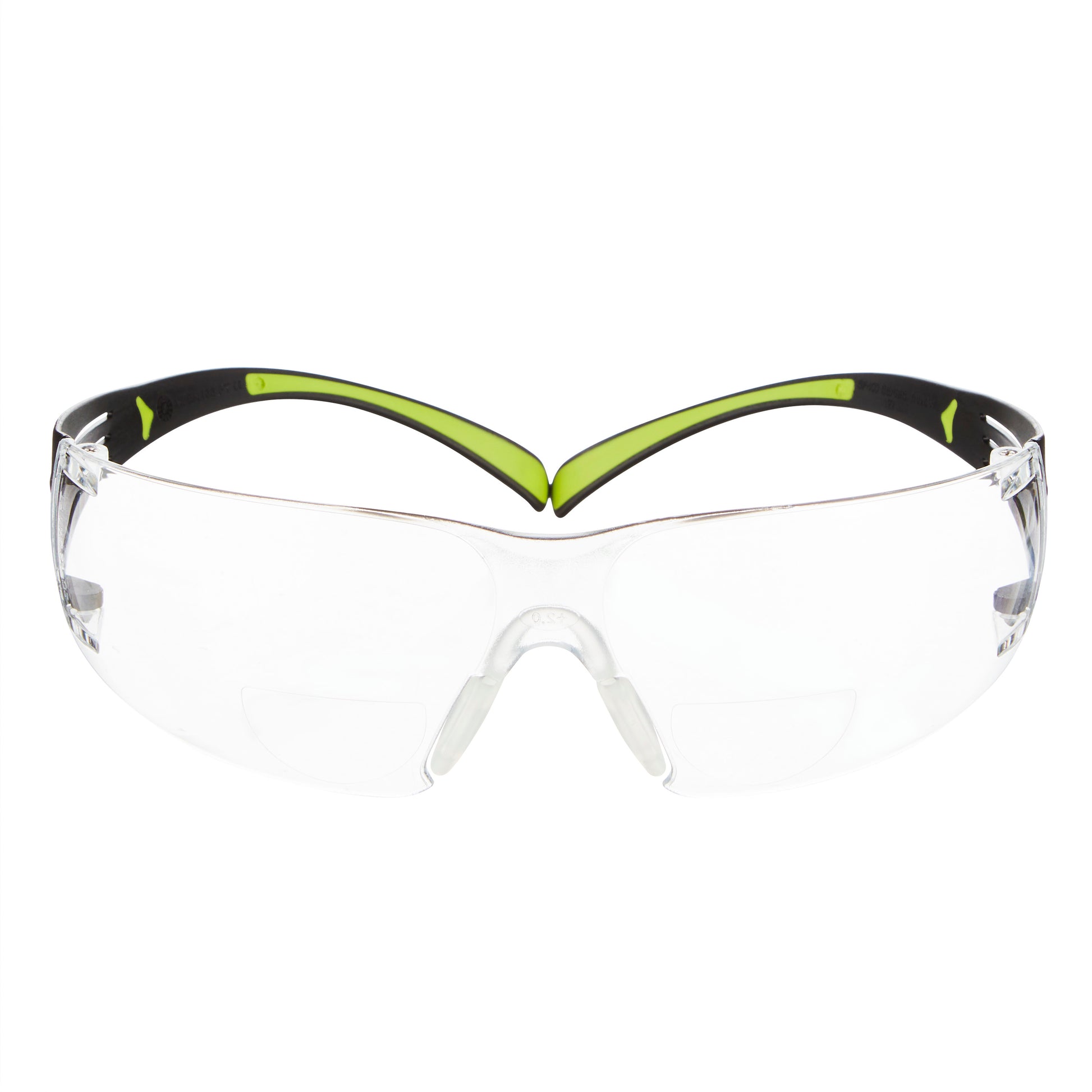 Die 3M™ SecureFit™ Lese-Schutzbrille der 3M Deutschland GmbH verfügt über klare, umlaufende Gläser, schwarze Bügel mit grünen Innenakzenten, einen geformten Nasensteg und einen integrierten Seitenschutz.
