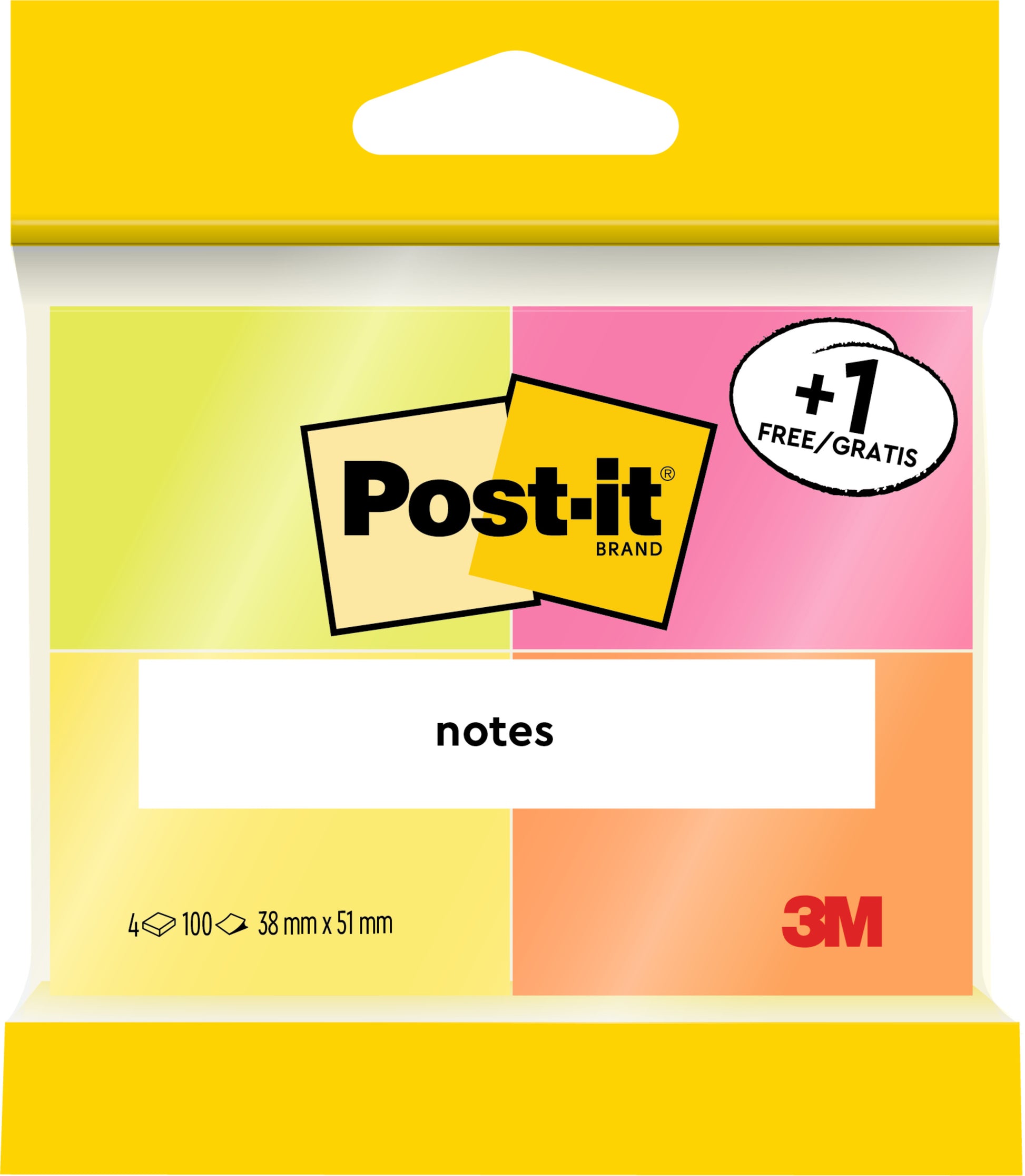 Eine Packung PEFC-zertifizierter Post-it® Notes (3M Deutschland GmbH) in verschiedenen Neonfarben, 38 x 51 mm, 100 Blatt pro Block, mit 3 Blöcken plus 1 gratis. Die Werbeverpackung enthält die Aufschrift "+1 Gratis" und "Notizen".