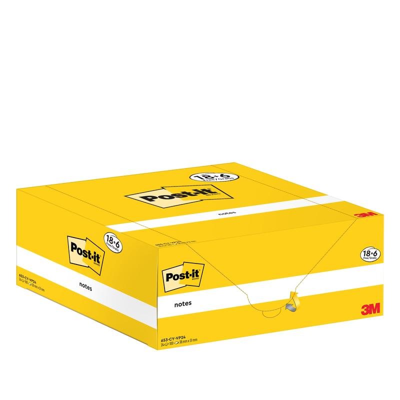 A yellow box of Post-it® Notes from 3M Deutschland GmbH contains 18 blocks plus 6 free blocks (38 × 51 mm, 100 sheets/block), in a carton packaging. The product is PEFC-certified (SGSCH-PEFC-COC-110078).