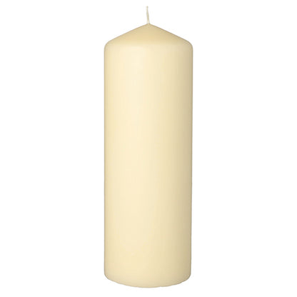The Starpak pillar candle with extra long burning time (Ø 70 mm, 200 mm) stands upright against a white background – ideal as an elegant living room decoration.