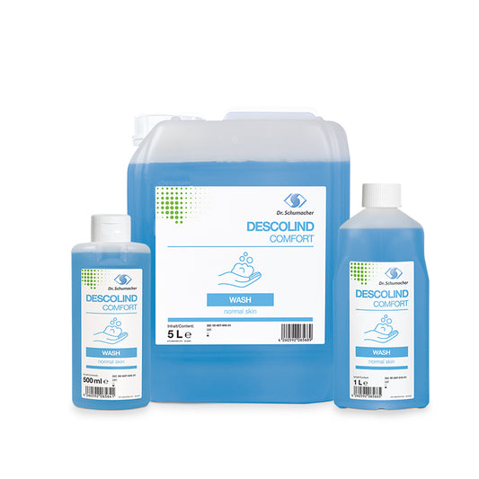 Abgebildet ist ein 5-Liter-Kanister Dr. Schumacher DESCOLIND COMFORT WASH der Dr. Schumacher GmbH mit blauer Profi-Reinigungslösung und einem weißen Etikett mit blauen und grünen Akzenten.