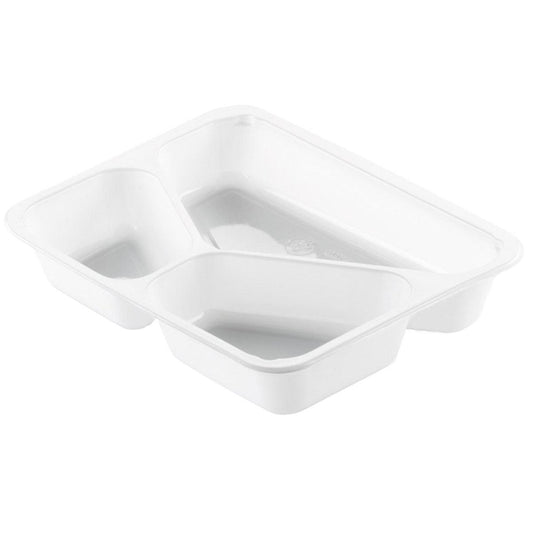 Die Duni GmbH CPET-Schale 3 Weiß CPET 225x175x43 aus weißem Kunststoff mit drei Fächern hält Speisen getrennt und temperatursicher - ideal für vielfältige Servieranforderungen. Die Packung enthält 300 Stück.