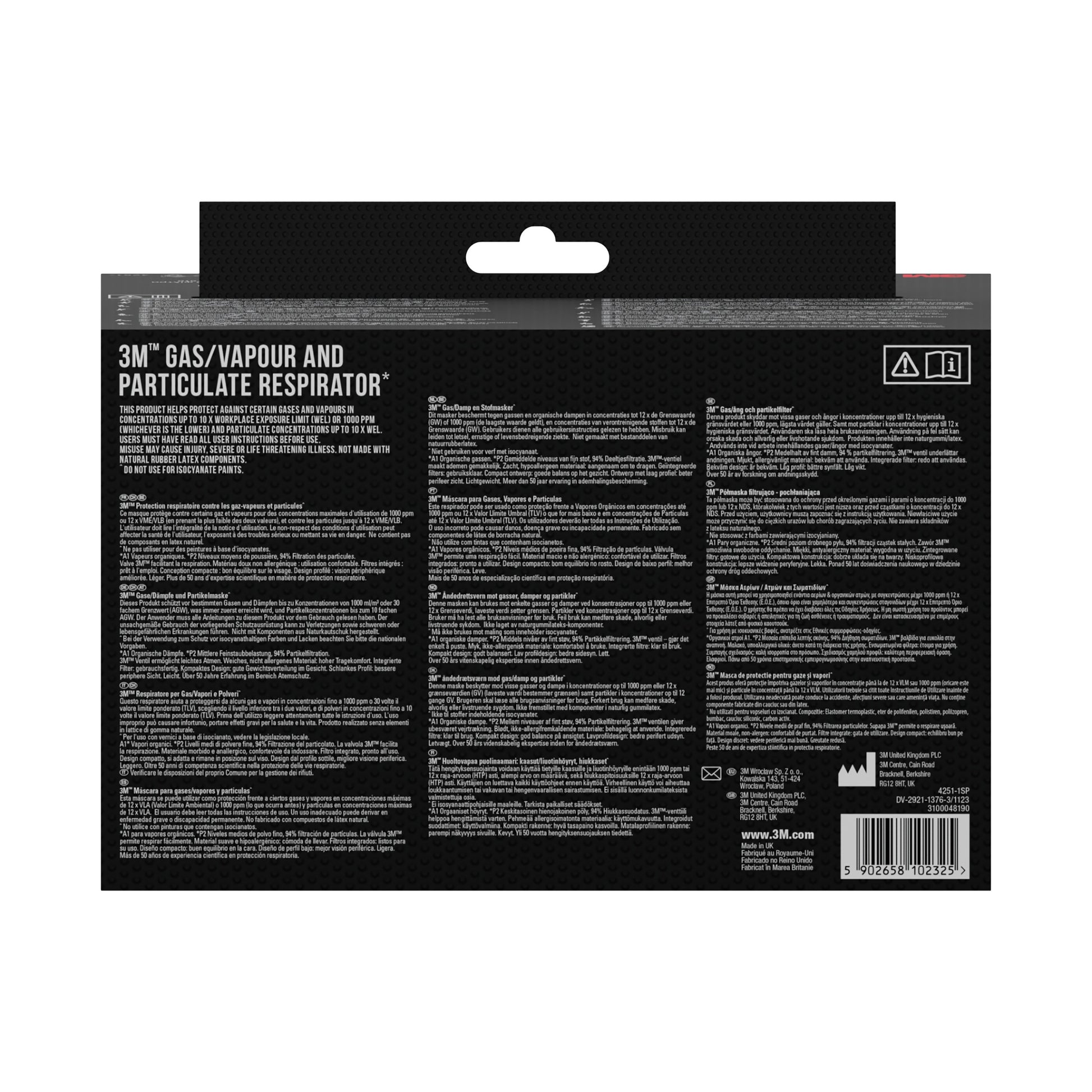 Rückseite einer Verpackung der 3M™ Atemschutzmaske mit integrierten Filtern der 3M Deutschland GmbH mit Produktdetails, Gebrauchsanweisung, Sicherheitshinweisen und Barcode in mehreren Sprachen auf schwarzem Hintergrund.