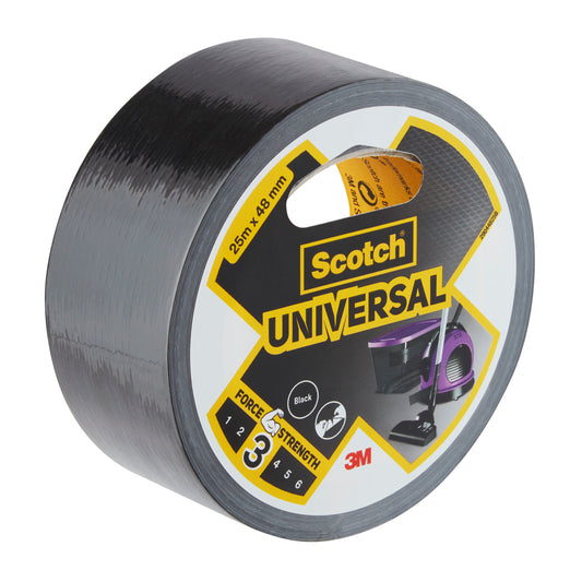 Eine Rolle Scotch® Universal Klebeband 2904, 25 m x 48 mm, von 3M Deutschland GmbH, zeigt auf ihrem Etikett ein schwarzes Klebeband mit einer Griffverpackung und der Festigkeitsstufe 3/6.
