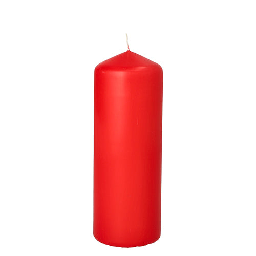 Eine PAPSTAR Stumpenkerze in Rot (Ø 60 mm, 165 mm) mit glatter Oberfläche und sichtbarem Docht steht aufrecht vor einem schlichten weißen Hintergrund. Marke: PAPSTAR GmbH. Lieferung am Stück in Schrumpffolie.