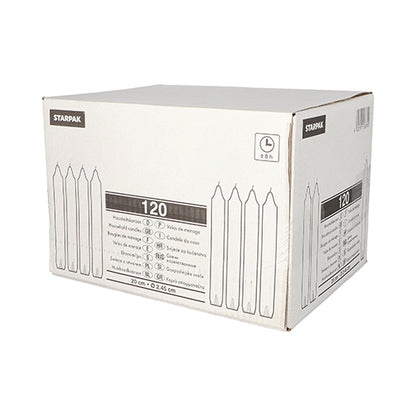 A white Starpak box with the inscription “Starpak 120 household candles with pinhole Ø 2.45 cm · 20 cm white” contains 120 long household candles, is adorned with black text, candle line drawings, pinhole for holder, and product dimensions.