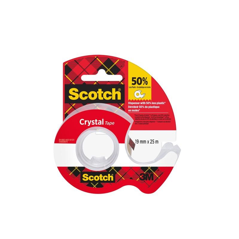 A roll of Scotch® Crystal Tape (19 mm x 25 m) from 3M Deutschland GmbH in a red dispenser with checkered packaging; the label states that 50% less plastic is used. The 3M logo is located at the bottom right.