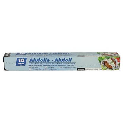 The Starpak aluminum foil in a folding box is a rectangular 10-meter long aluminum foil box with the inscription “Alufolie · Alufoil”. It features a light blue design with white and dark blue text, food images on the right side, and shows versatile applications.