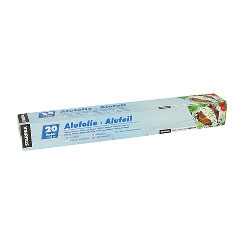 Die Starpak Alufolie in Faltschachtel kommt in einer 20-Meter-Rolle mit blau-weißer Verpackung – ideal für vielseitige Anwendungen in Ihrer Küche.