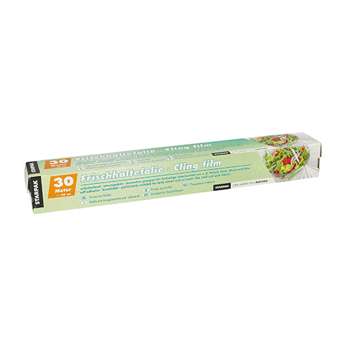 Abgebildet ist eine Starpak-Faltschachtel mit 30 m x 29 cm Frischhaltefolie in grün-gelber Verpackung, mit dem Text „reißfest“ in Deutsch und Englisch und einem Salatbild auf der rechten Seite.