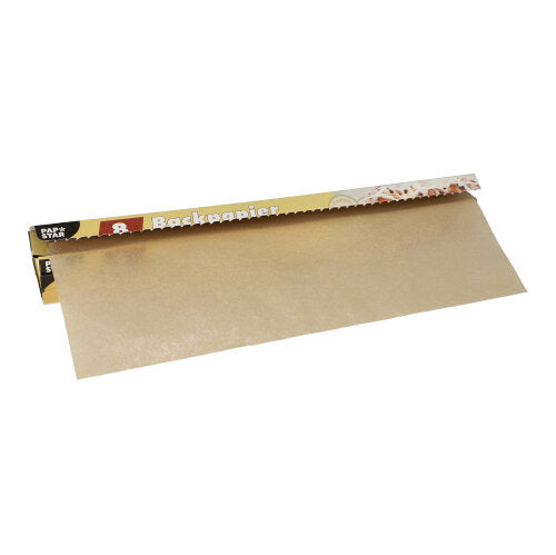 Eine angebrochene Schachtel PAPSTAR Backpapier 38 cm, braunes Pergament, wird ausgegeben. Die Verpackung der PAPSTAR GmbH unterstreicht ihre umweltfreundliche Qualität und einfache Handhabung beim Backen.