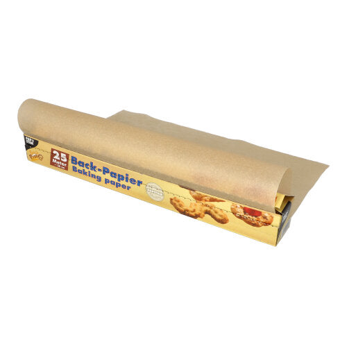 Eine Rolle braunes PAPSTAR Backpapier 38 cm Breite ist teilweise aus einem Karton der PAPSTAR GmbH mit der Aufschrift „Back-Papier Backpapier“ abgerollt. Auf der umweltfreundlichen Verpackung sind Kekse abgebildet.