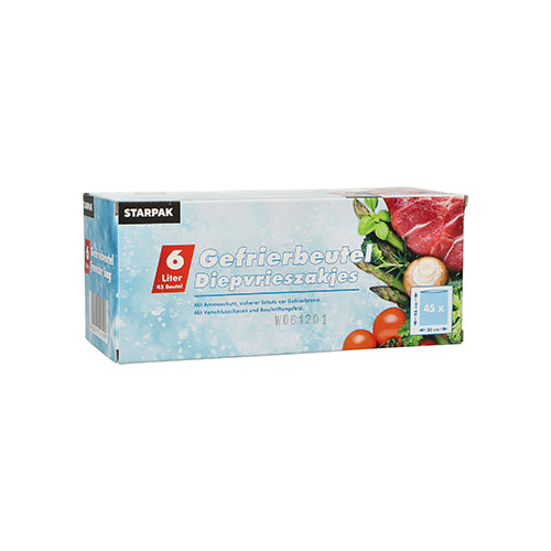 Starpak 45 freezer bags, LLDPE, 6l (46cm x 30cm), transparent, in a folding box. The packaging shows vegetables and raw meat as well as German and Dutch text. Contains 45 bags for freezer storage.