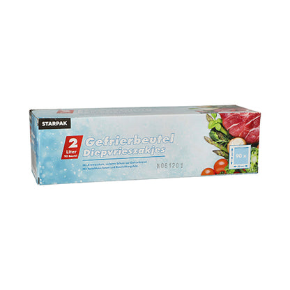 A rectangular Starpak box contains 90 transparent 2-liter LLDPE freezer bags (30 x 20 cm) with German and Dutch text as well as images of vegetables and meat in a folding box.