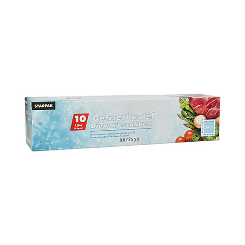 Eine rechteckige Schachtel mit 24 Starpak-Gefrierbeuteln, LLDPE 10 l (60 cm x 40 cm), transparent, zur Aufbewahrung von Lebensmitteln, in einem Faltkarton (24 Stück), zeigt Bilder von Gemüse und Fleisch auf einem blauen, eisigen Hintergrund.