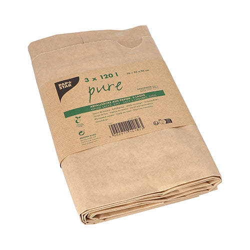 Ein gefalteter Stapel PAPSTAR 3 Abfallsäcke aus Papier „pure“, biologisch abbaubar, 120 l (95x70x25 cm), braun, 2-lagig. Die Banderole (3 Stück) zeigt Produktinfos in mehreren Sprachen. Markenzeichen: PAPSTAR GmbH.