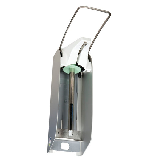 Der Soft Care Man Spender Aluminium von Diversey Deutschland GmbH & Co. OHG ist ein wandmontierter Spender mit langem Metallhebel und sichtbarem Nachfüllbehälter, kompatibel mit 1L Euroflaschen.