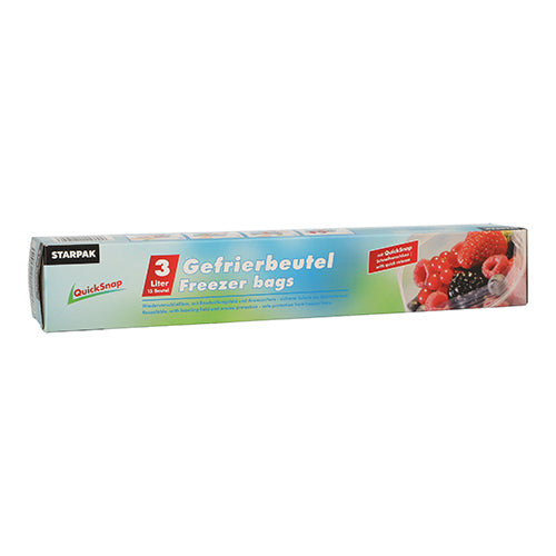 Eine rechteckige Schachtel mit Starpak 15 QuickSnap Gefrierbeuteln 3L (28 x 27 cm), transparente Gefrierbeutel in einer Faltschachtel, mit einem Bild von verschiedenen Beeren in einer Schüssel und der durchsichtigen Folie auf der rechten Seite der Verpackung.